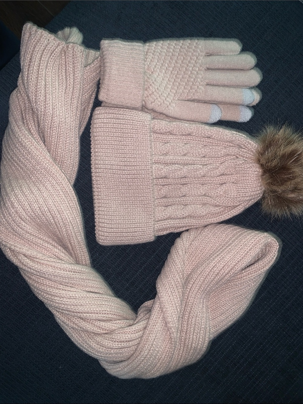 Cozy Pink Cable-Knit Hat, Scarf & Touchscreen Gloves Set